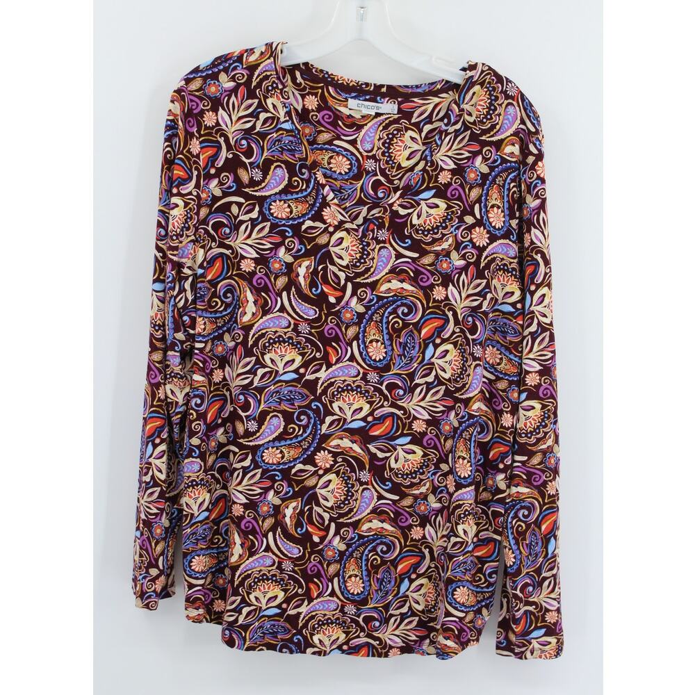Chico's 3 XL Paisley Touch of Cool V-Neck Layering Tee Long Sleeve